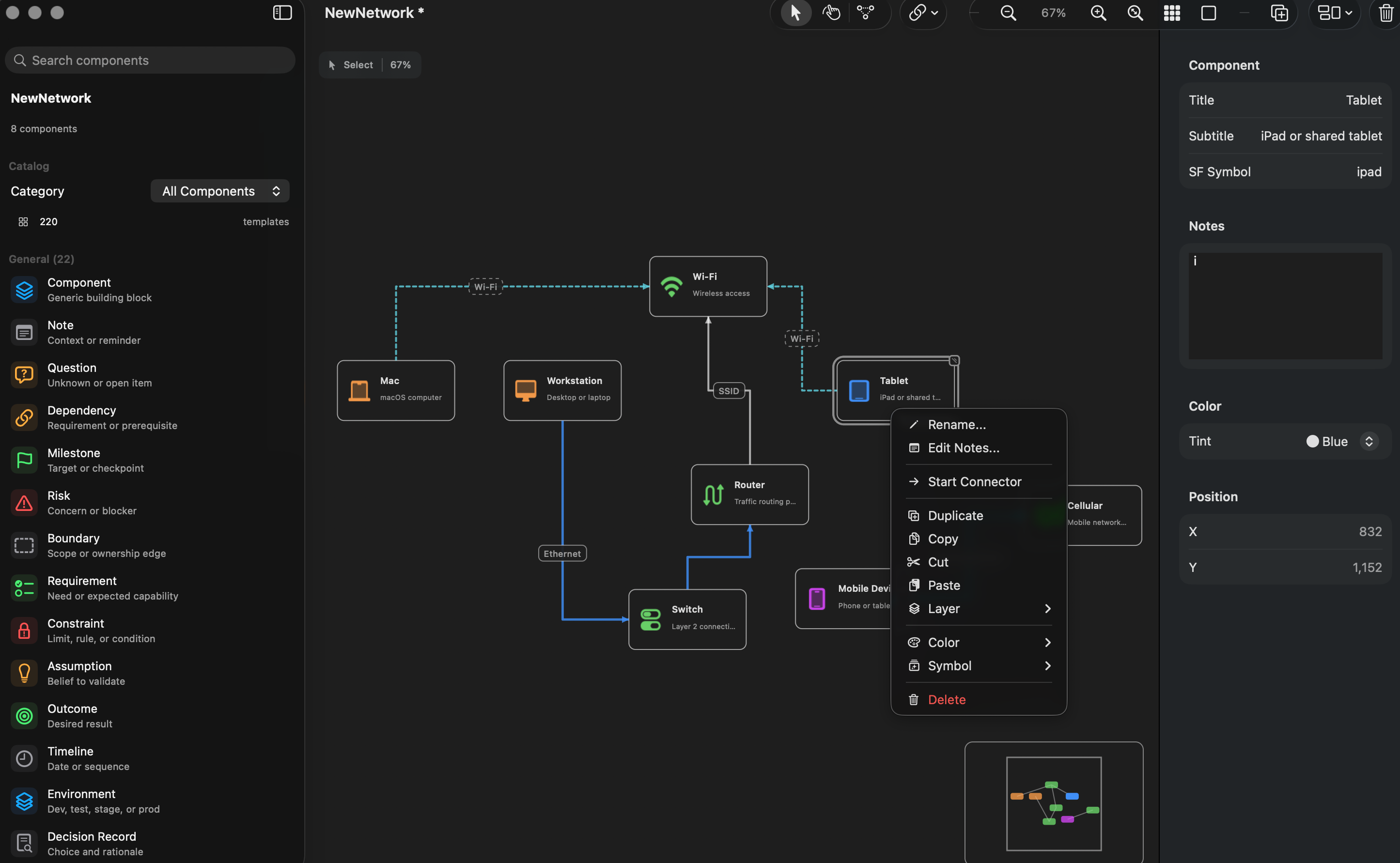 InfraCanvas in dark mode showing an infrastructure diagram with connected components