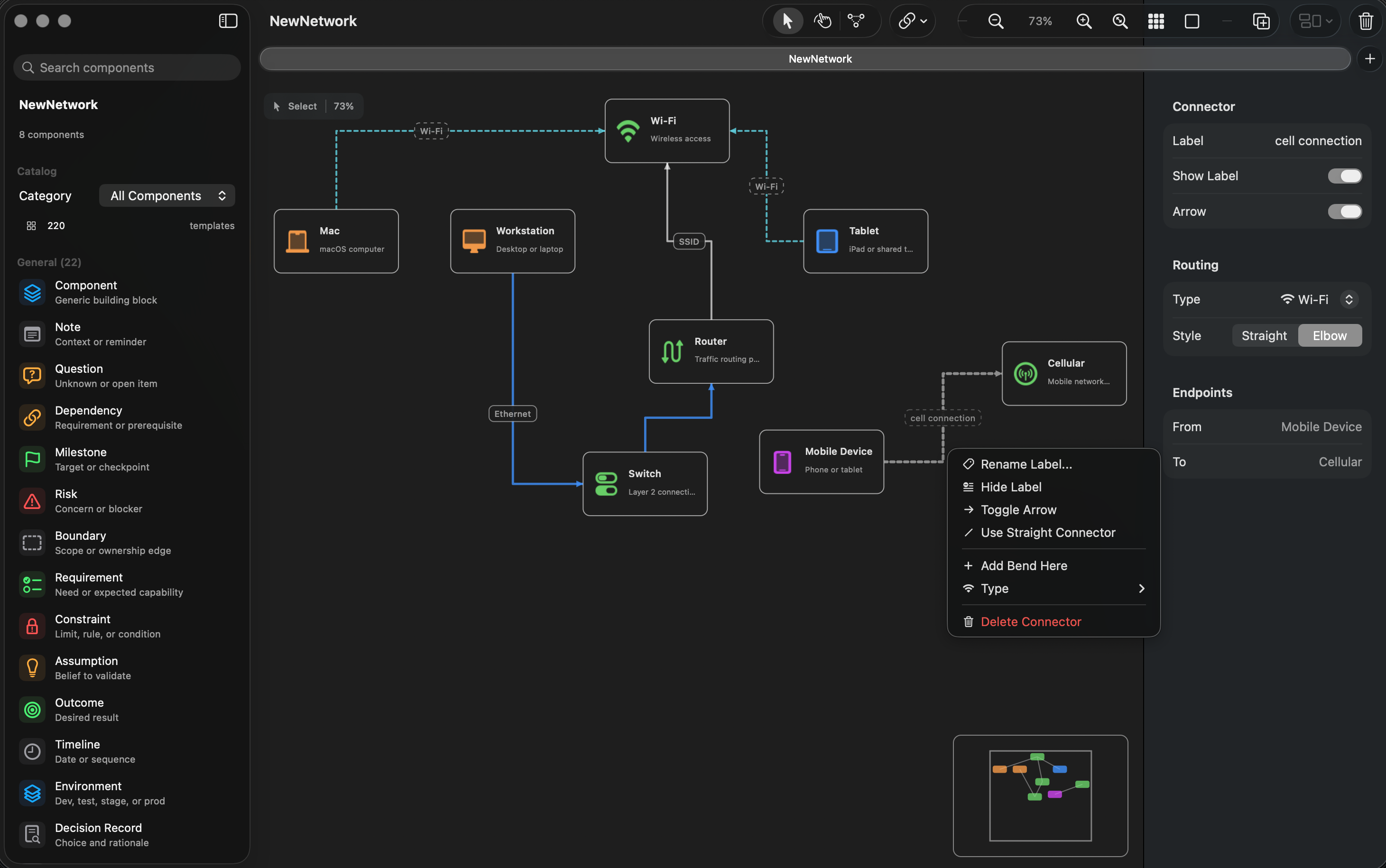 InfraCanvas in dark mode with a connector context menu open